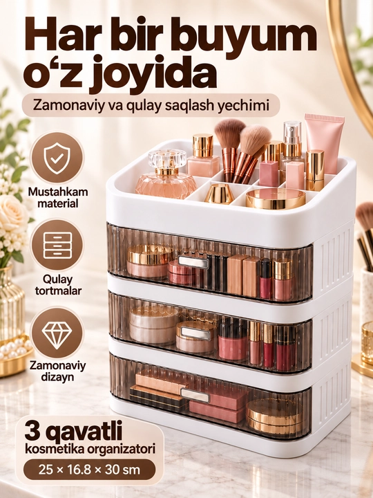 Ayollar atirlari va kosmetikasi uchun tortmali organayzer, 3 va 4 qavatli