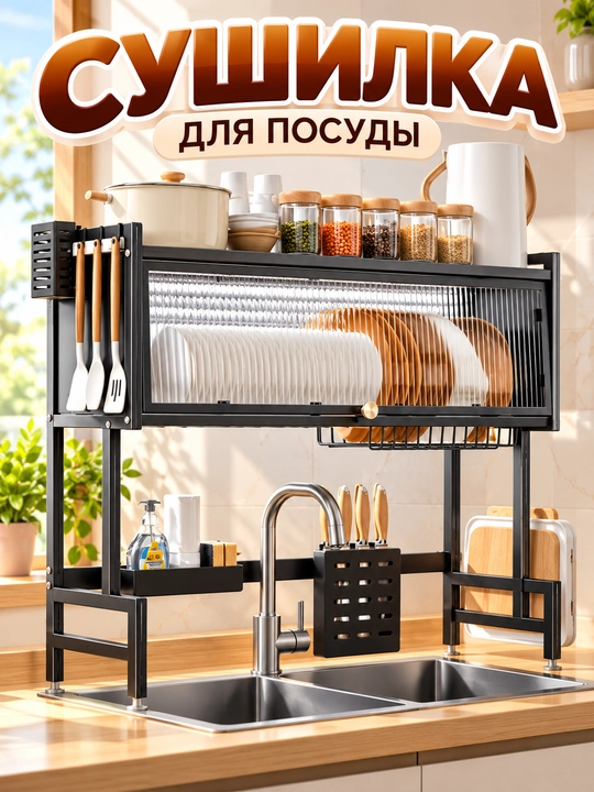Сушилка для посуды над раковиной, металлическая кухонная полка, 62×28×80 см - 