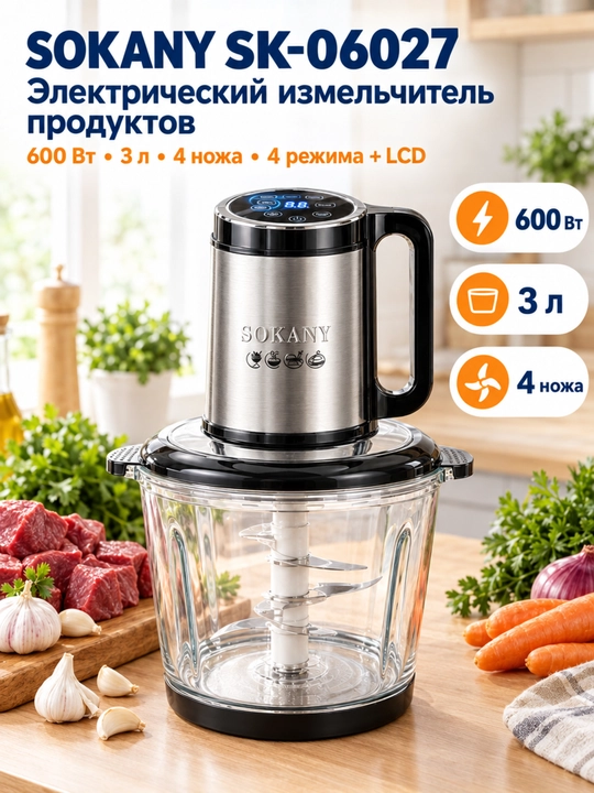 Измельчитель электрический SOKANY SK-06027, 600Вт, 3л, для мяса и овощей - 