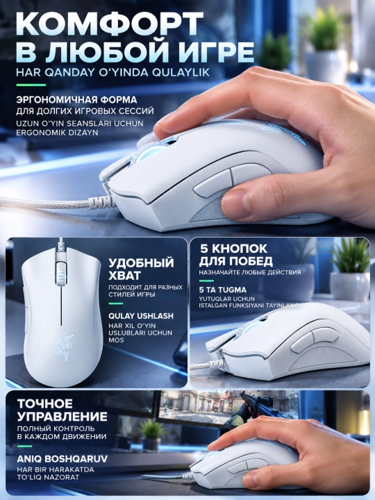Игровая мышь Razer DeathAdder Essential USB RGB Black, 6400 DPI, проводная, с гарантией