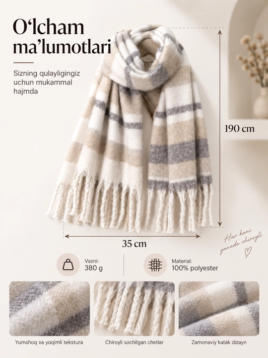 Ayollar uchun qishki yumshoq katak sharf, issiq uzun sharf 190×35 sm