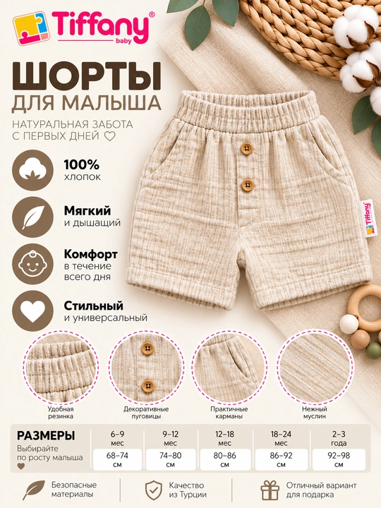 Детские муслиновые шорты , с эластичной резинкой и карманами - 