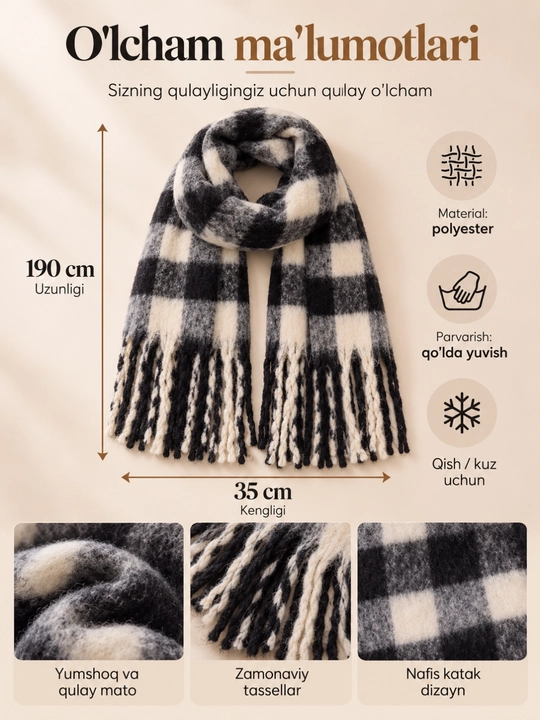 Ayollar uchun qishki yumshoq katak sharf, issiq uzun sharf 190×35 sm