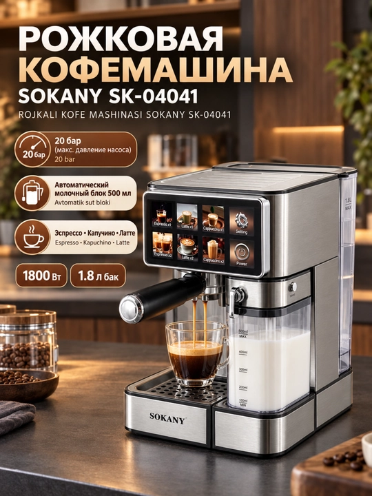 Кофемашина рожковая SK-04041,20 бар,1800 Вт,1.8 л,автоматический вспениватель молока - 