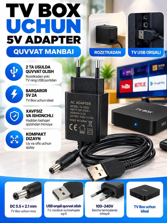 Блок питания 5V 2A для TV Box(Андроид приставки)со съемным USB-кабелем Два способа питания - 