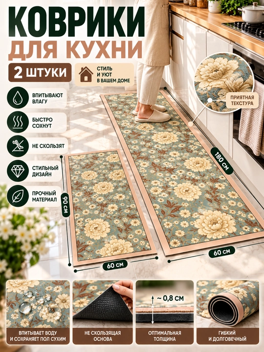 Комплект из 2 кухонных ковриков, водовпитывающие и быстросохнущие - 