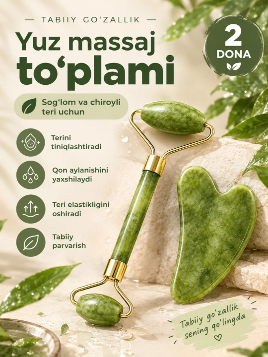 Massaj roliki va guash qirg'ich, nefrit, yuz va tana uchun, 2 tasi 1 da