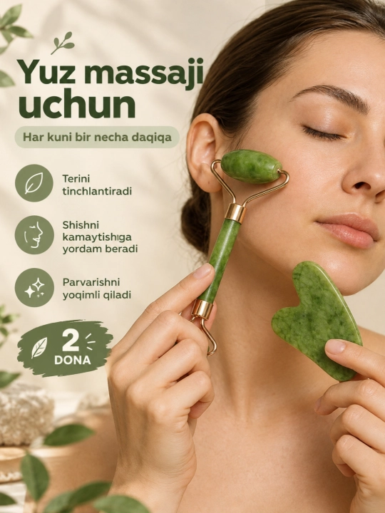 Massaj roliki va guash qirg'ich, nefrit, yuz va tana uchun, 2 tasi 1 da