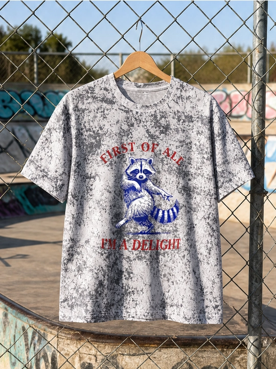 Erkaklar uchun raqsga tushayotgan yenot printli paxta oversayz futbolka, qisqa yengli