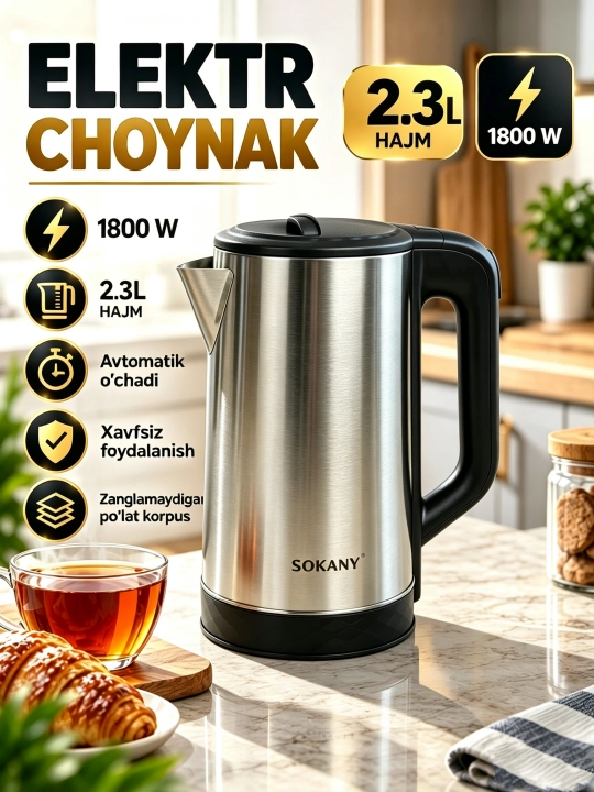 Электрический чайник SOKANY 2.3 л, 1800 Вт нержавеющая сталь, автоотключение - 
