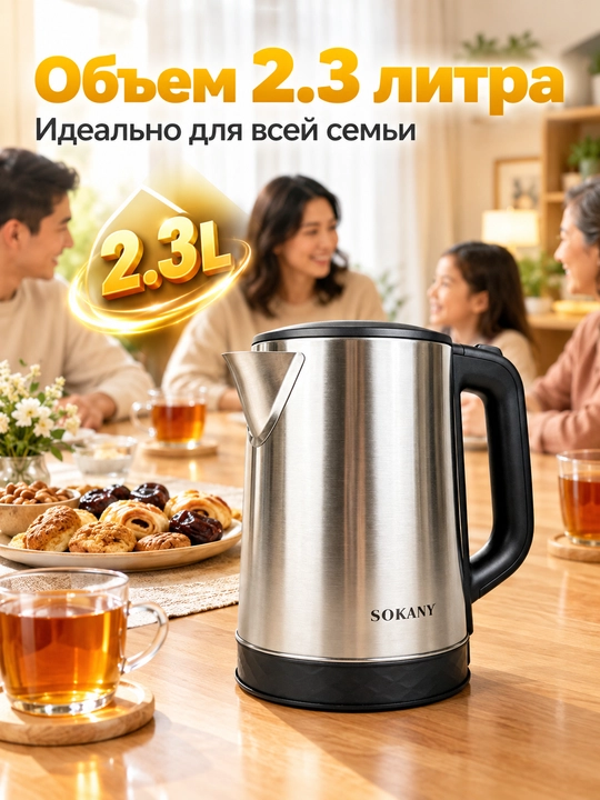 SOKANY elektr choynak 2.3L, 1800W zanglamaydigan po'lat, avtomatik o'chadi