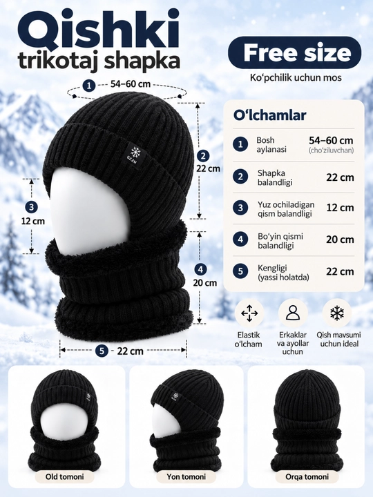 Erkaklar uchun qishki trikotaj shapka, quloq va bo‘yinni yopuvchi, fleece ichki qavat