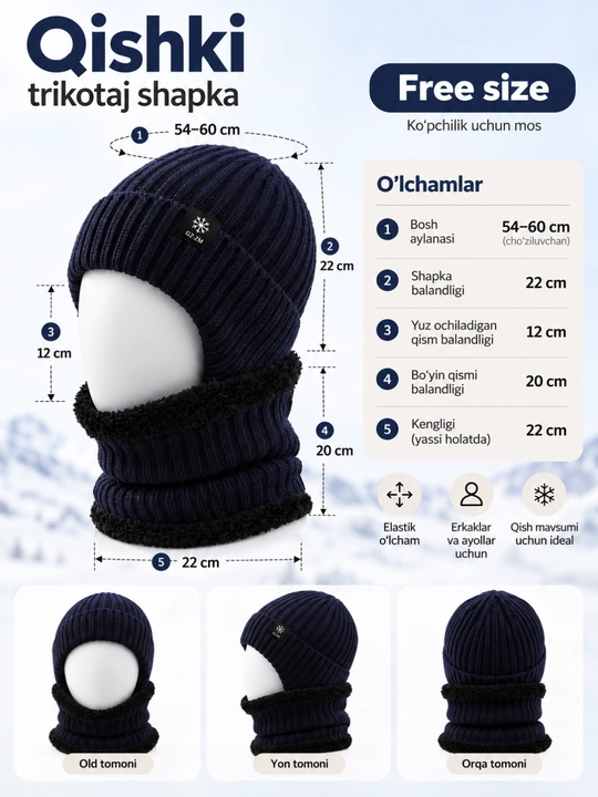 Erkaklar uchun qishki trikotaj shapka, quloq va bo‘yinni yopuvchi, fleece ichki qavat