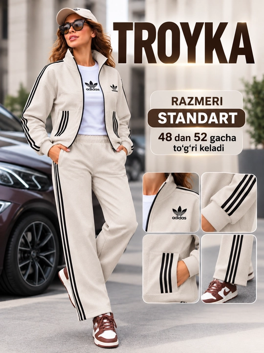 Troyka — ayollar uchun zamonaviy uchlik kostyum,xudi,futbolka va keng shim, kundalik kiyim - 