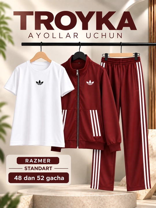 Troyka — ayollar uchun zamonaviy uchlik kostyum,xudi,futbolka va keng shim, kundalik kiyim