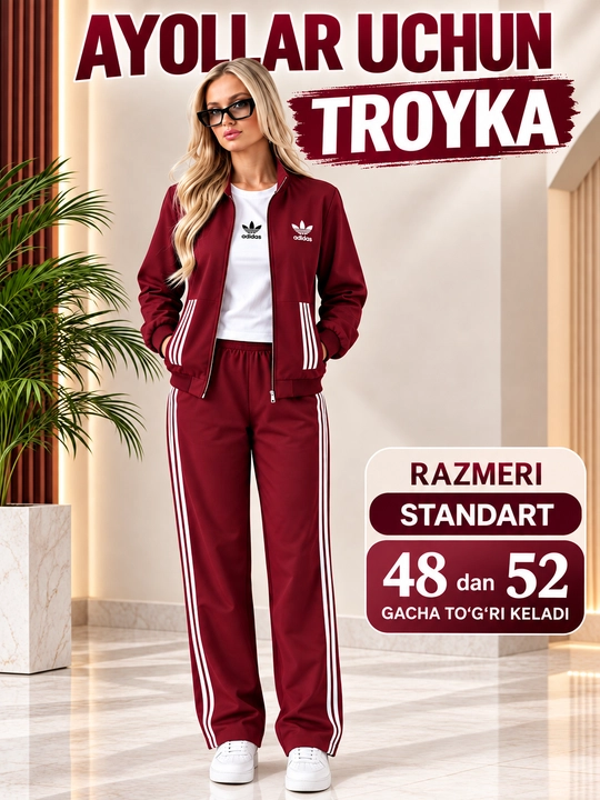 Troyka — ayollar uchun zamonaviy uchlik kostyum,xudi,futbolka va keng shim, kundalik kiyim - 