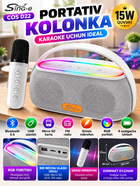 Portativ Bluetooth karaoke kolonka, RGB yoritish va mikrofon bilan