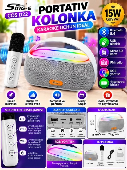 Portativ Bluetooth karaoke kolonka, RGB yoritish va mikrofon bilan