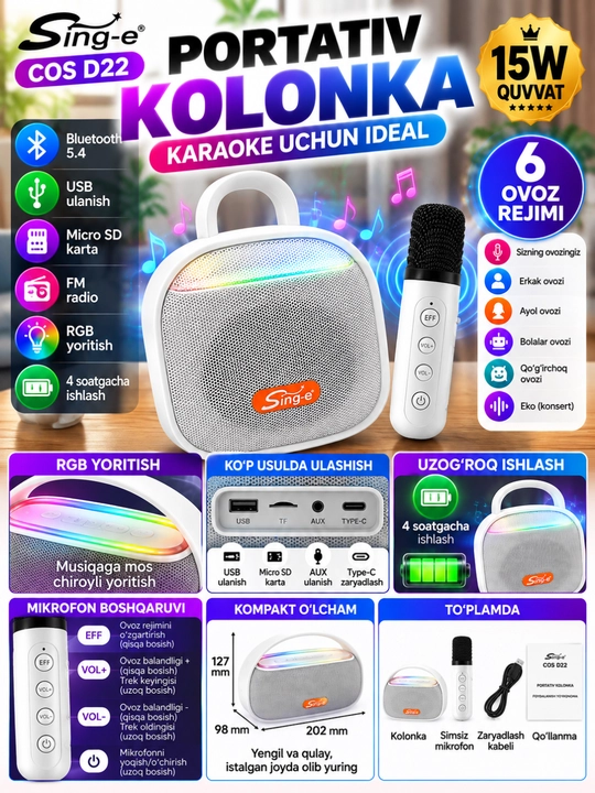 Portativ Bluetooth karaoke kolonka, RGB yoritish va mikrofon bilan