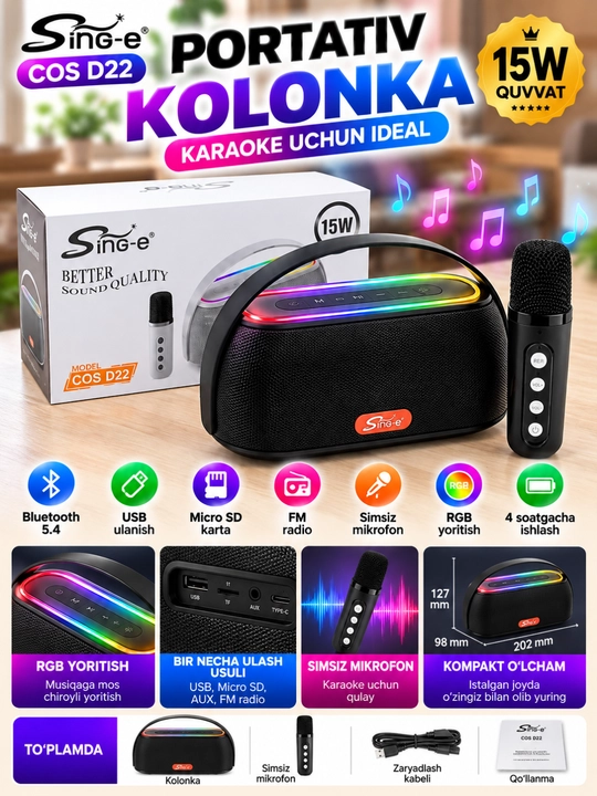 Portativ Bluetooth karaoke kolonka, RGB yoritish va mikrofon bilan