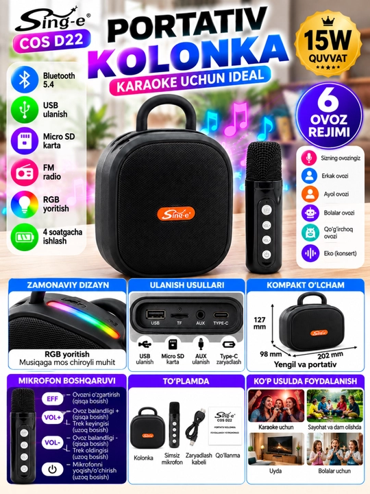 Portativ Bluetooth karaoke kolonka, RGB yoritish va mikrofon bilan