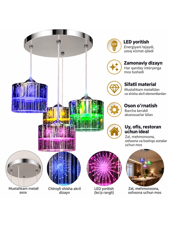 LED Lyustra 4 Plafonli, Rangli Yoritishli Zamonaviy Osma Chiroq - 