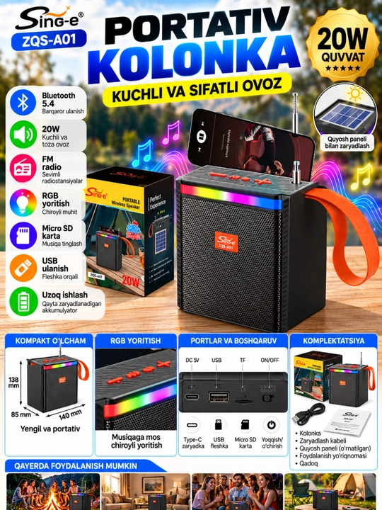 Portativ Bluetooth karaoke kolonka, RGB yoritish va mikrofon bilan