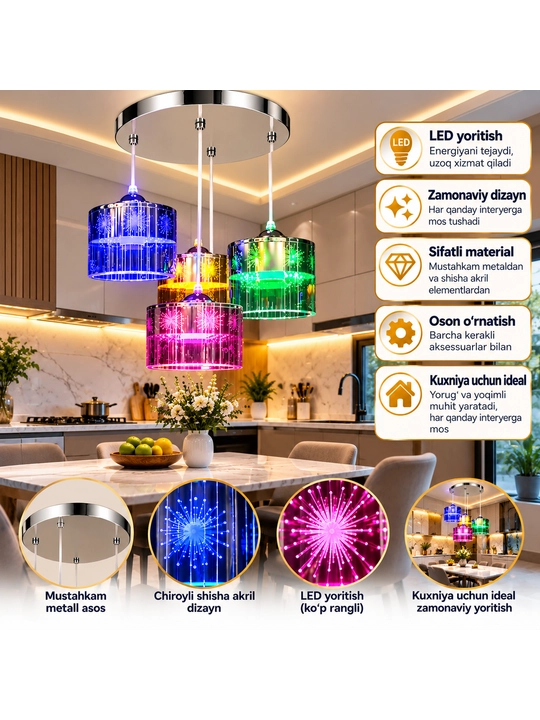 LED Lyustra 4 Plafonli, Rangli Yoritishli Zamonaviy Osma Chiroq