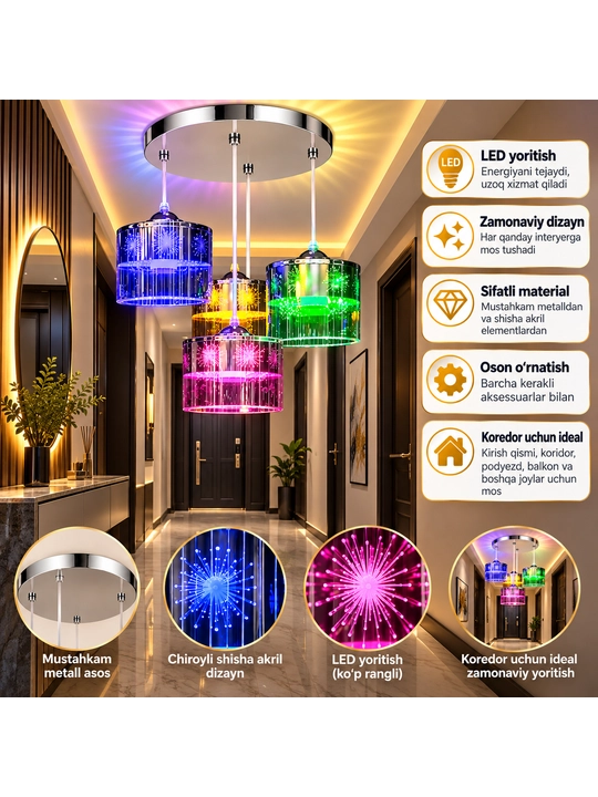 LED Lyustra 4 Plafonli, Rangli Yoritishli Zamonaviy Osma Chiroq