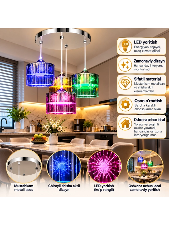 LED Lyustra 4 Plafonli, Rangli Yoritishli Zamonaviy Osma Chiroq