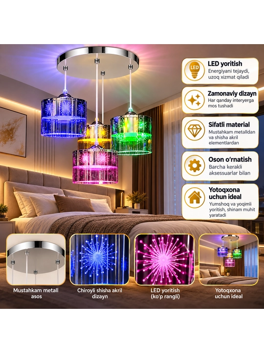 LED Lyustra 4 Plafonli, Rangli Yoritishli Zamonaviy Osma Chiroq