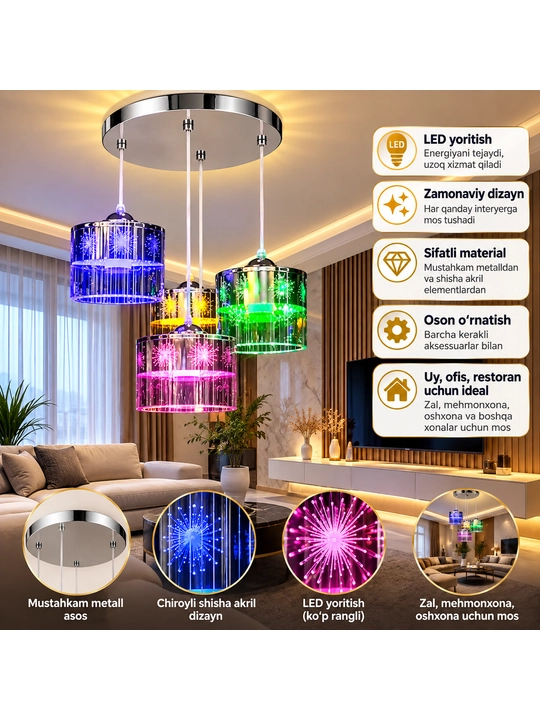 LED Lyustra 4 Plafonli, Rangli Yoritishli Zamonaviy Osma Chiroq