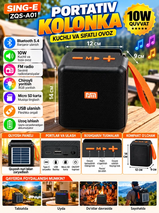 Portativ Bluetooth karaoke kolonka, RGB yoritish va mikrofon bilan