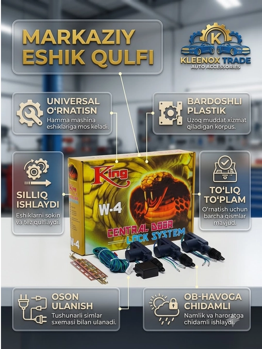 Avtomobil markaziy eshik qulfi tizimi King W-4, 4 ta eshik uchun aktuator to'plami, 12V