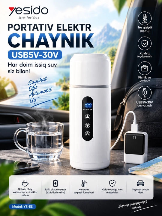 Esido portativ elektr choynak, usb 5v–30v, avtomobil va sayohat uchun - 