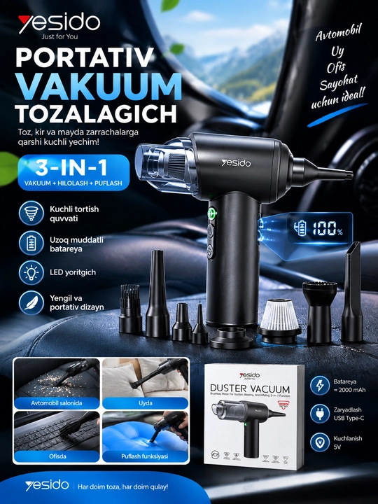 Yesido portativ 3-in-1 vakuum tozalagich — changyutgich, puflagich va havo nasosi