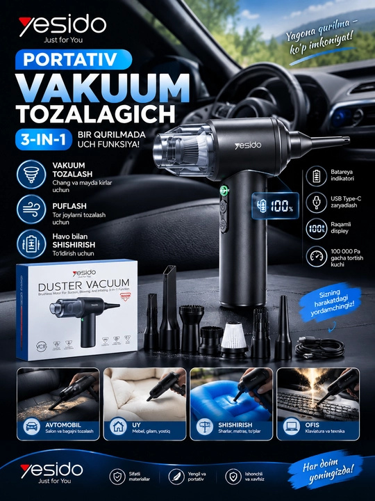 Yesido portativ 3-in-1 vakuum tozalagich — changyutgich, puflagich va havo nasosi