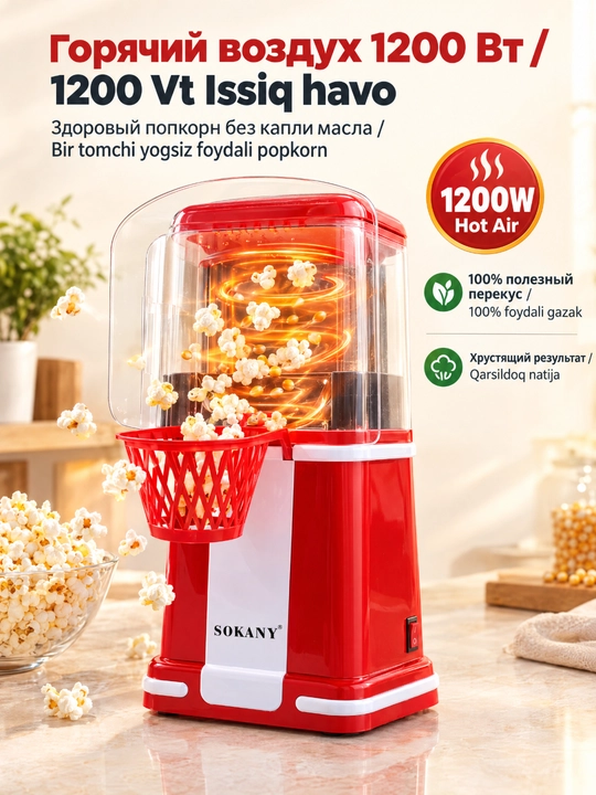 Машина для попкорна SOKANY SK-290, 1200 Вт, домашняя, приготовление без масла