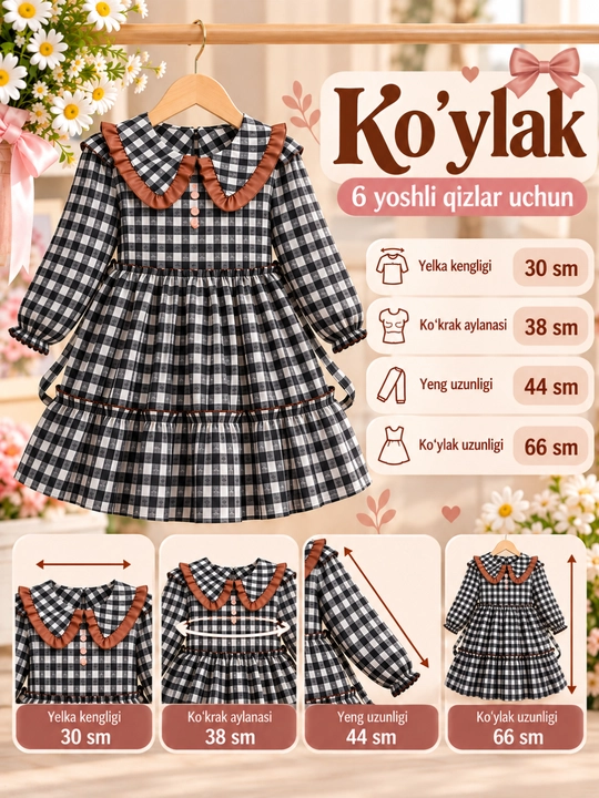 Платье для девочки 4–5–6 лет в клетку с длинным рукавом