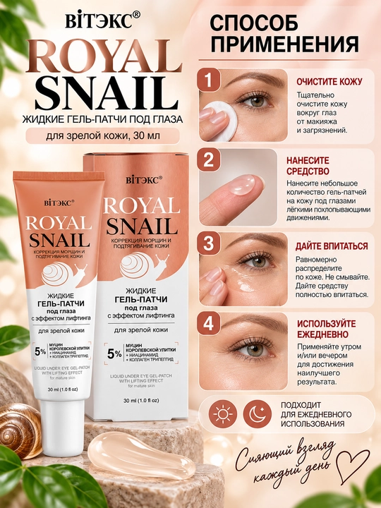 Ko‘z osti uchun gel-yamoqchalar Viteks ROYAL SNAIL etuk teri uchun suyuq, 30 ml