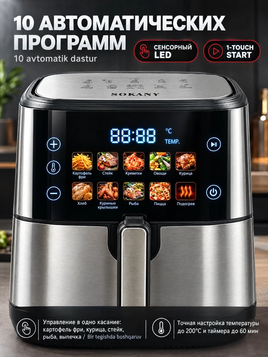 Аэрогриль SOKANY SK-10099, 12 л, 2400 Вт, сенсорное управление, безмасляная жарка