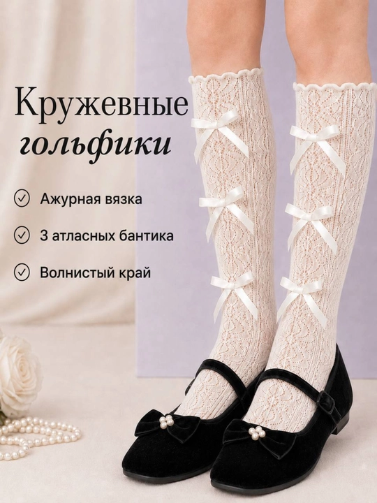 Гольфы для девочек, ажурные, с бантиками, белые, черные, бежевые, для школы и праздника