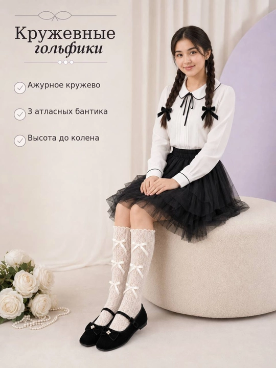 Гольфы для девочек, ажурные, с бантиками, белые, черные, бежевые, для школы и праздника