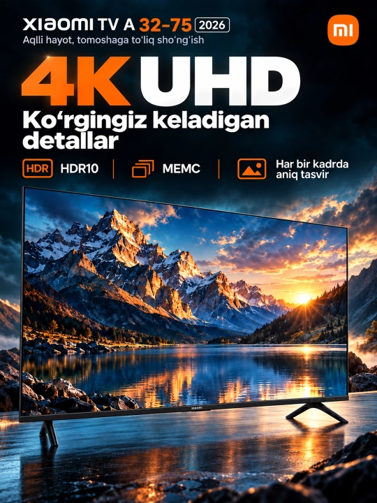 Aqlli televizor Xiaomi TV A 2026, 55," 65," 4K UHD, Smart TV, Wi-Fi, Bluetooth