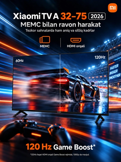 Aqlli televizor Xiaomi TV A 2026, 55," 65," 4K UHD, Smart TV, Wi-Fi, Bluetooth