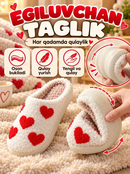 Kichik o‘lchamli, yumshoq va issiq, tumshug‘i yopiq va bantikli ayollar uy shippaklari