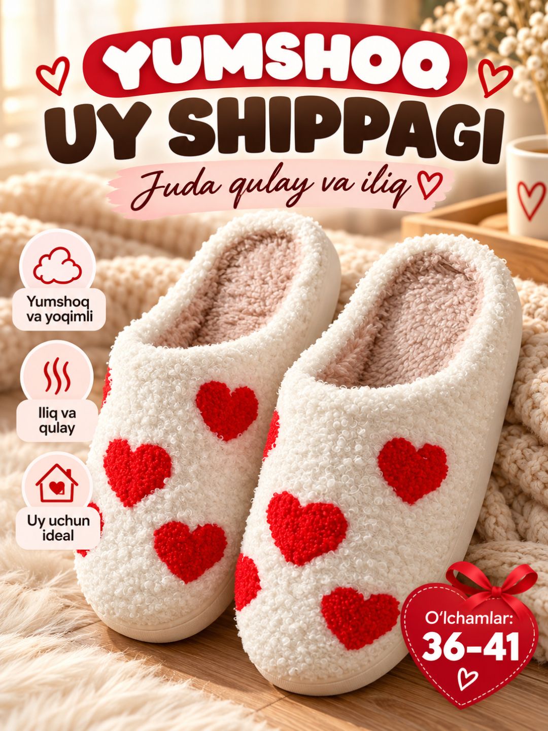 Kichik o‘lchamli, yumshoq va issiq, tumshug‘i yopiq va bantikli ayollar uy shippaklari