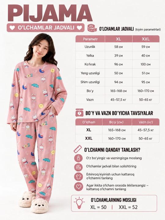 Ayollar pijamasi 2 tasi 1 da, shimli va uzun yengli