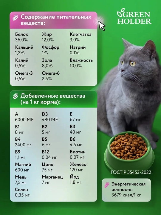 Корм для стерилизованных кошек и кастрированных котов Green Holder ADULT STERILE