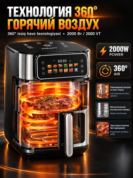Аэрогриль SOKANY SK-10118, 8 л, 2000 Вт, сенсор, смотровое окно с подсветкой